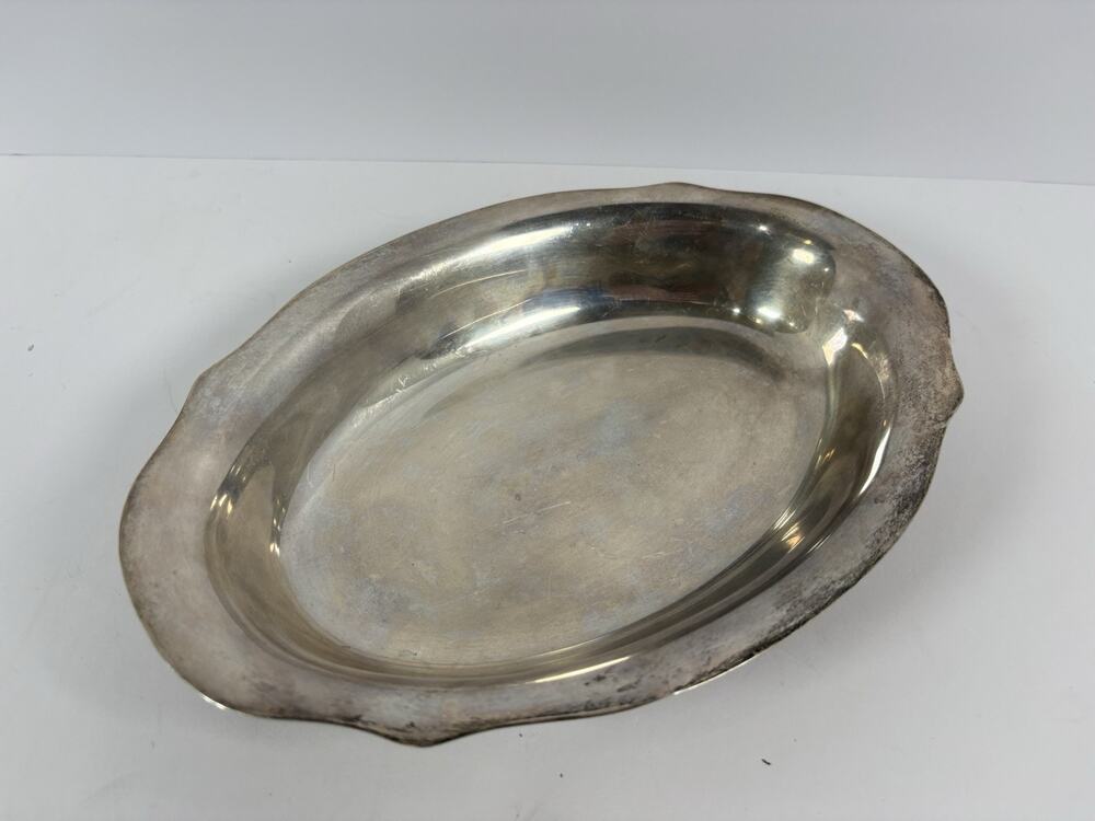 Antique Sterling Silver Oval Serving Dish Double Handle Monogram 405g 10.5in